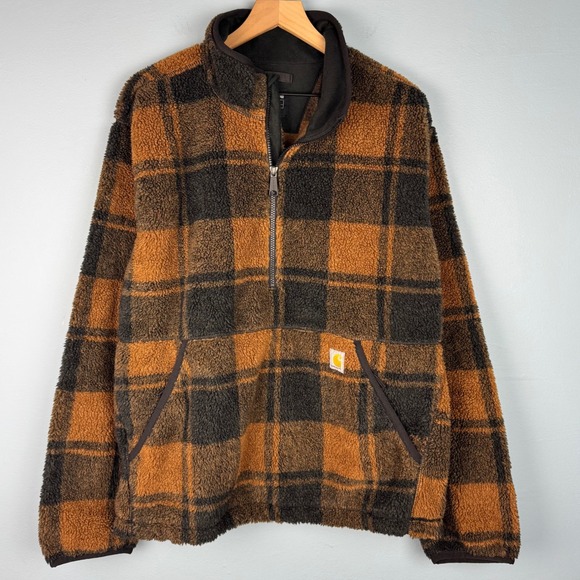 Carhartt Other - Carhartt Men's L Brown Plaid Sherpa Fleece Pullover 1/4 Zip Loose Fit Jacket